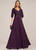 V-Neck Flutter Sleeve Sequin Floral Applique Empire Waist A-Line Chiffon Mother of the Bride Dress