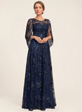 Illusion Scoop Neck Split Cape Sleeve Allover Sequin Floral Lace A-Line Mother of the Bride Dress