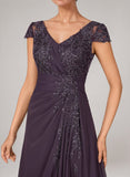 V-Neck Cap Sleeve Sequin Lace Applique Ruched Hi-Low Chiffon Mother of the Bride Dress
