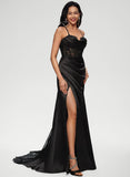 A Line Spaghetti Straps Slit Tulle Lace Prom Dress with Slit