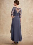 A-line Scoop Illusion Asymmetrical Lace Chiffon Mother of the Bride Dress With Cascading Ruffles