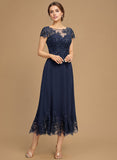 A-line Scoop Illusion Tea-Length Lace Chiffon Mother of the Bride Dress With Sequins