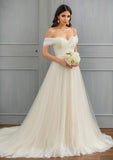 Ball-Gown/Princess Off the Shoulder Court Train Tulle Lace Wedding Dress With Ruffle