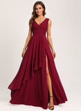 A-line V-Neck Floor-Length Chiffon Bridesmaid Dress With Ruffle