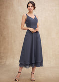 A-line V-Neck Tea-Length Chiffon Mother of the Bride Dress