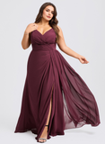 Plus Size A-line V-Neck Floor-Length Chiffon Bridesmaid Dress With Ruffle