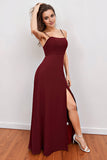 Spaghetti Straps Scoop Neck Long Stretch Satin Bridesmaid Dress with Split