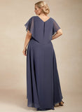 A-line V-Neck Asymmetrical Chiffon Mother of the Bride Dress With Sequins Ruffles