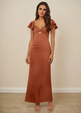 Flutter Sleeve Stretch Satin Sheath Bridesmaid Dress