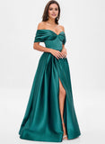 A-line Off the Shoulder Floor-Length Satin Prom Dresses With Pleated