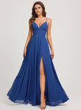 A-line V-Neck Floor-Length Chiffon Prom Dresses With Pleated