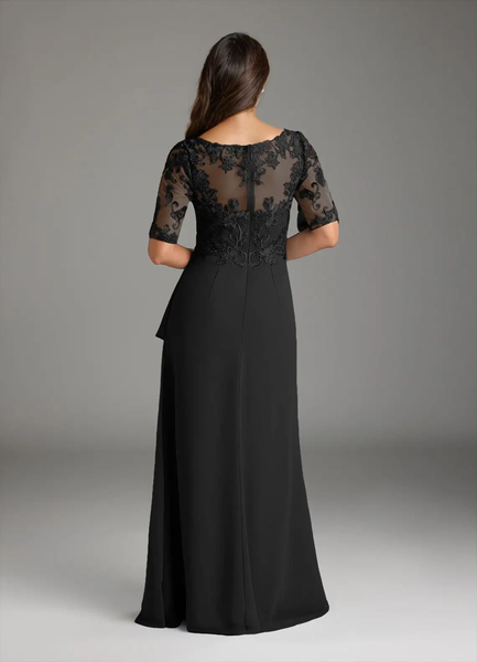 Black Long A-line V-neck Lace Chiffon Mother of The Bride Dresses with Sleeves
