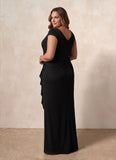 V-Neck Cap Sleeve Ruched Jersey Mother of the Bride Dress with Cascade Ruffle & Side Slit