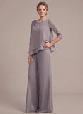 2-Piece Boat Neck 3/4 Sleeve Beaded Shoulder Asymmetric Tiered Chiffon Pantsuit