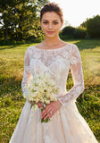 Illusion Boat neck long sleeves Wedding Gown with Back Bow