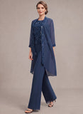 3-Piece Jewel Neck Allover Sequin Lace Top, 3/4 Sleeve Sequin Trim Chiffon Mother of the Bride Pantsuit