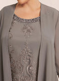 Plus Size 3-Piece Beaded Jewel Neck Allover Floral Embroidered Scallop Hem Sleeveless Top, 3/4 Sleeve Asymmetric Chiffon Jacket & Wide-Leg Pants Mother of the Bride Pantsuit