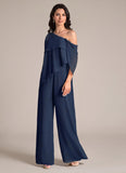 One Shoulder Draped Cape Chiffon Wide-Leg Jumpsuit for Mother of the Bride