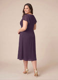 V-Neck Flutter Sleeve Ruched Waist Chiffon Tea Length Mother of the Bride Dress