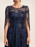 Illusion Scoop Neck Split Cape Sleeve Allover Sequin Floral Lace A-Line Mother of the Bride Dress