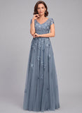 V-Neck Cap Sleeve Allover Rose Lace Applique Tulle A-Line Mother of the Bride Dress