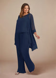 Plus Size 3-Piece Beaded Scoop Neck Chiffon Lace Mother of the Bride Pant Suit with Jacket