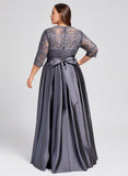 A-line Scoop Illusion Floor-Length Satin Lace Mother of the Bride Dress With Sequins Bow