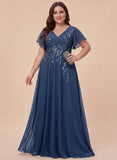 V-Neck Flutter Sleeve Sequin Floral Embroidered Chiffon A-Line Mother of the Bride Dress