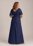 V-Neck Flutter Sleeve Ruched Chiffon A-Line Mother of the Bride Dress