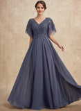 A-line V-Neck Floor-Length Chiffon Lace Mother of the Bride Dress With Sequins Beading