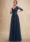 A-line V-Neck Floor-Length Tulle Lace Mother of the Bride Dress With Sequins