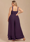 3-Piece Square Neck Beaded Floral Camisole Top, Long Sleeve Chiffon Jacket & Tiered Wide-Leg Pants Mother of the Bride Pantsuit