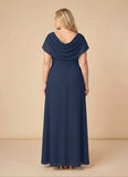 Scoop Neck Cowl Cape Sleeve Beaded Brooch Cascade Ruffle Mother of the Bride Dress with Side Slit