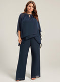 Plus Size Beaded Jewel Neck Keyhole Batwing Sleeve Asymmetric Tiered Chiffon Pantsuit