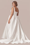 Square Neck Wide Strap Boned Corset Pockets A-Line Satin Wedding Dress with Train