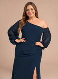 One Shoulder Lantern Sleeve Ruched Waist Side Slit Chiffon Evening Dress
