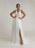 A-Line Halter Sequins Tulle Lace Wedding Dress