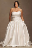 Strapless Drop-Waist Draped Ball-Skirt Wedding Gown