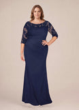 Plus Size Scoop Neck Illusion Lace Applique 3/4 Sleeve Diagonal Ruched Sheath Mother of the Bride Dress