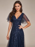 V Neck Ruffle Sleeves Sequin Maxi Long Evening Dress