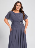 Plus Size A-line Scoop Floor-Length Chiffon Mother of the Bride Dress With Pleated Beading