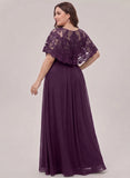 Plus Size Illusion Scoop Neck Sequin Lace Cape Sleeve Ruched Waist A-Line Chiffon Mother of the Bride Dress