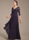 Empire V-Neck Floor-Length Lace Chiffon Mother of the Bride Dress With Cascading Ruffles Sequins