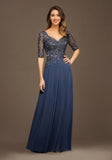 Stretch Mesh Special Occasion Dress with Beaded Metallic Lace Appliqués