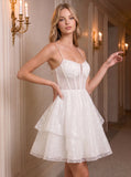 Spaghetti Strap Sweetheart Sheer Boned Corset Sequin Tulle Fit and Flare Mini Dress
