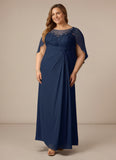 Bateau Neck Lace Applique Cape Sleeve Ruched Chiffon Mother of the Bride Dress