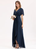 A-line V-Neck Asymmetrical Chiffon Bridesmaid Dress With Bow Pleated