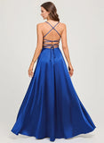 A-line V-Neck Floor-Length Stretch Satin Prom Dresses With Pleated