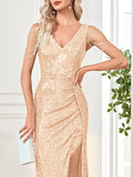 A-line V-Neck Floor-Length Lace Sequin Evening Dress With Beading