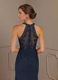 Mermaid Halter Lace Stretch Crepe Sweep train Mother of the Bride Dress